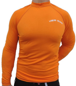 orange, long sleeve, rash guard