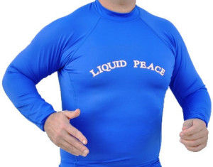 Men's Electric Blue, Long Sleeve, Rash Guard with Liquid Peace Letters.